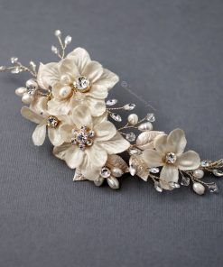 Bridal Veil Comb of Porcelain Flowers and Light Gold Leaves - Cassandra  Lynne